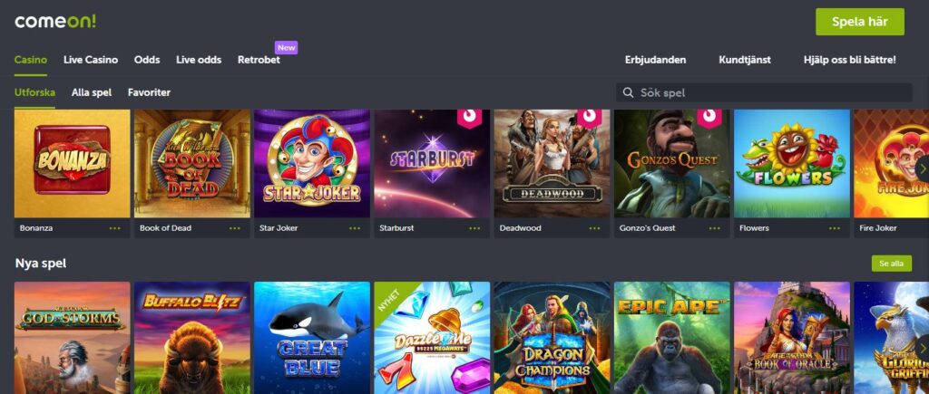Exempel på spelutbud hos ComeOn